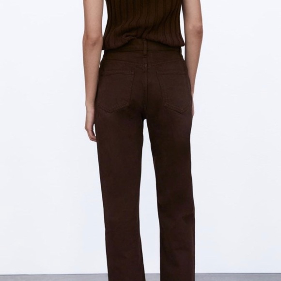Zara Straight Leg Jeans Womens 4 Brown High Rise Button Fly Pockets Classic Fit - Picture 4 of 9